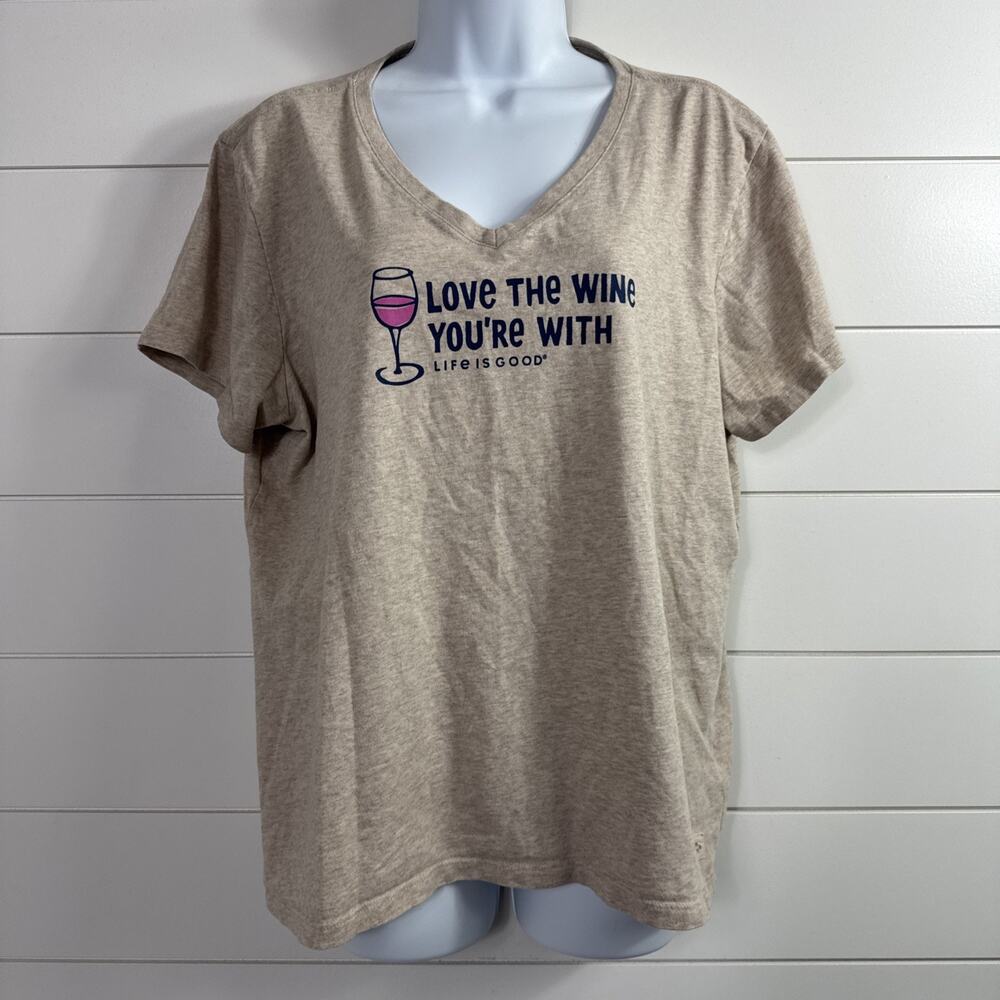 Life Is Good Wine Crusher Tee Shirt V-Neck Light Brown sz XL